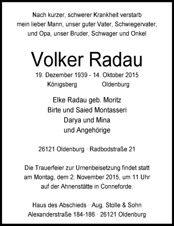 Traueranzeige von Volker Radau von Nordwest-Zeitung