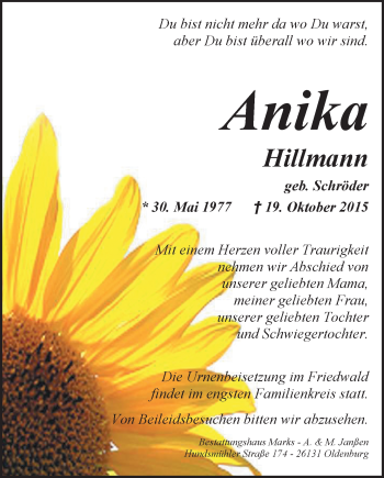 Traueranzeige von Anika Hillmann von Nordwest-Zeitung