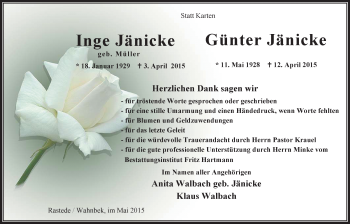 Traueranzeige von Inge und Günter Jänicke von Nordwest-Zeitung