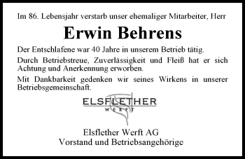 Traueranzeige von Erwin Behrens von Nordwest-Zeitung