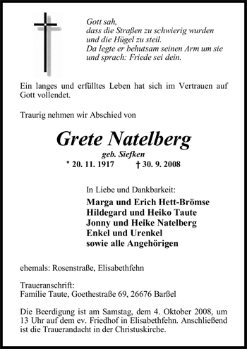 Traueranzeige von Grete Natelberg von Nordwest-Zeitung