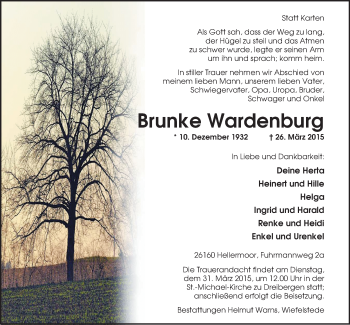 Traueranzeige von Brunke Wardenburg von Nordwest-Zeitung