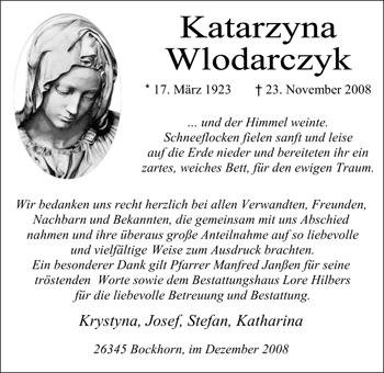 Traueranzeige von Katarzyna Wlodarczyk von Nordwest-Zeitung