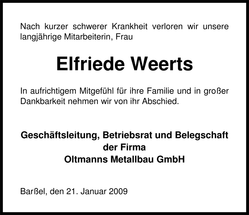  Traueranzeige für Elfriede Weerts vom 21.01.2009 aus Nordwest-Zeitung