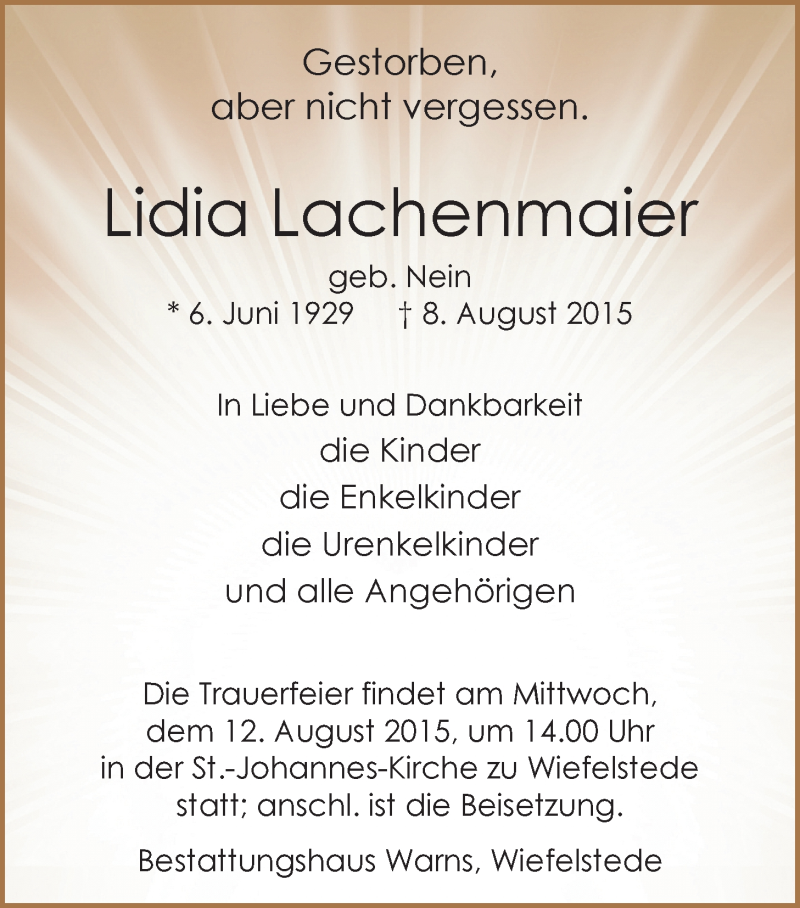  Traueranzeige für Lidia Lachenmaier vom 10.08.2015 aus Nordwest-Zeitung