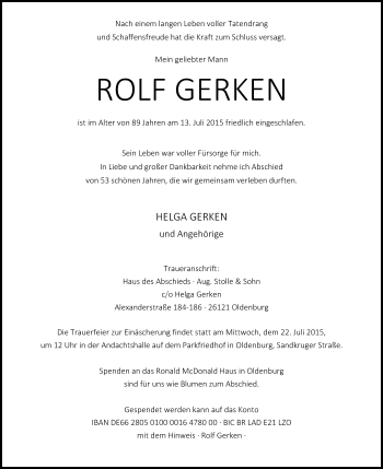 Traueranzeige von Rolf Gerken von Nordwest-Zeitung