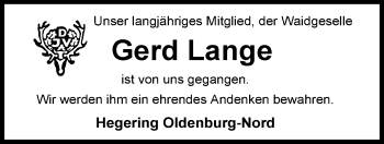 Traueranzeige von Gerd Lange von Nordwest-Zeitung