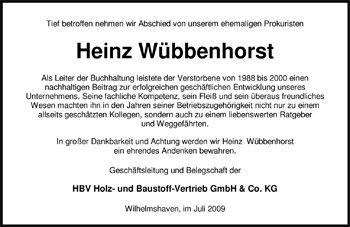 Traueranzeige von Heinz Wübbenhorst von Nordwest-Zeitung