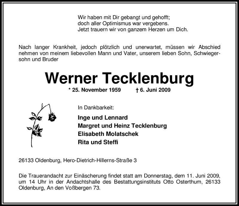  Traueranzeige für Werner Tecklenburg vom 08.06.2009 aus Nordwest-Zeitung