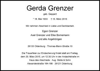 Traueranzeige von Gerda Grenzer von Nordwest-Zeitung