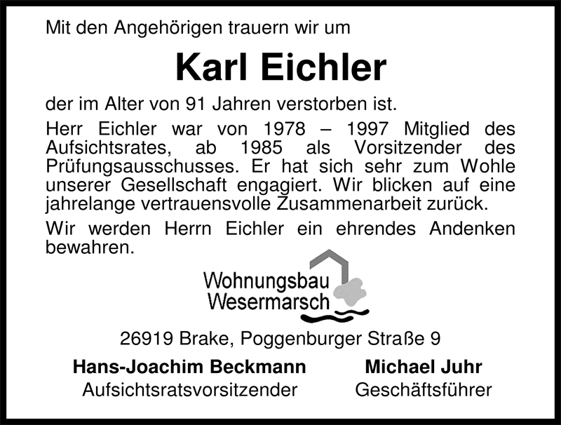  Traueranzeige für Karl Eichler vom 07.05.2009 aus Nordwest-Zeitung