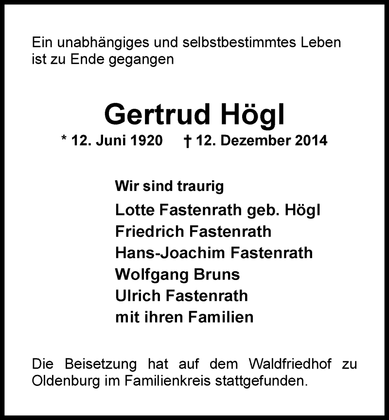  Traueranzeige für Gertrud Högl vom 31.12.2014 aus Nordwest-Zeitung