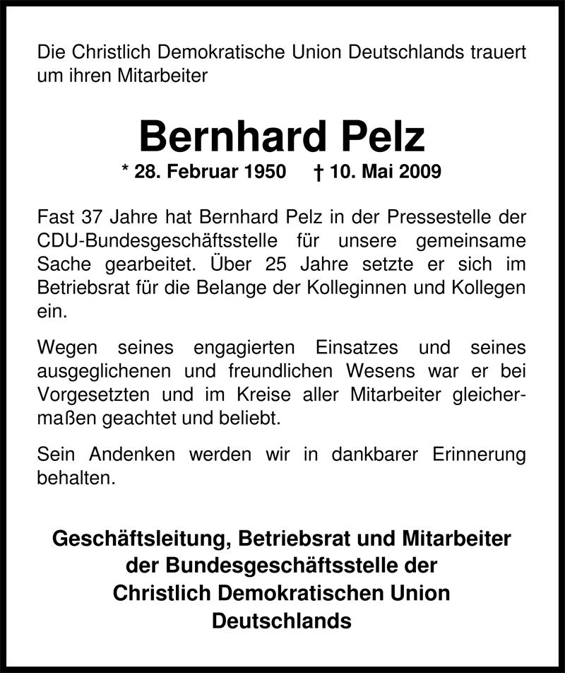  Traueranzeige für Bernhard Pelz vom 20.05.2009 aus Nordwest-Zeitung