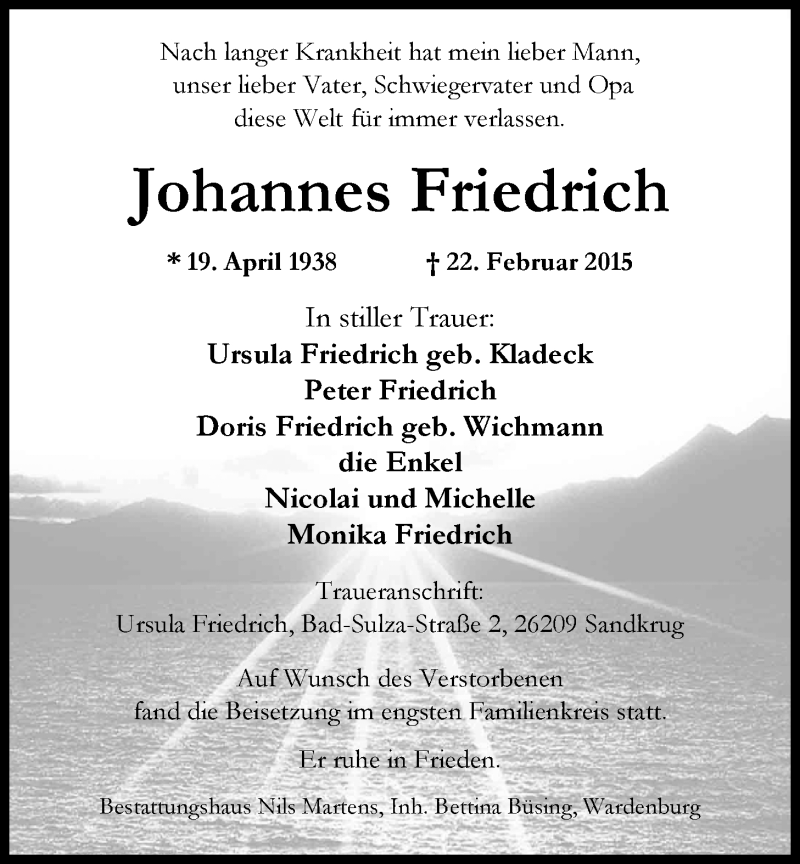  Traueranzeige für Johannes Friedrich vom 05.03.2015 aus Nordwest-Zeitung