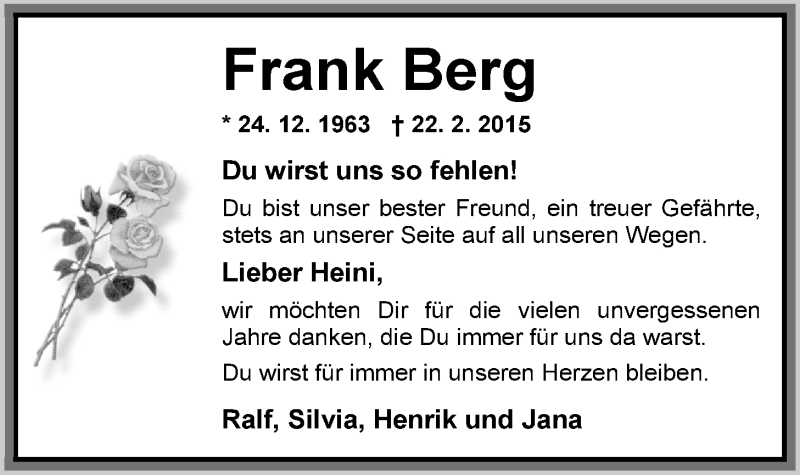  Traueranzeige für Frank Berg vom 25.02.2015 aus Nordwest-Zeitung