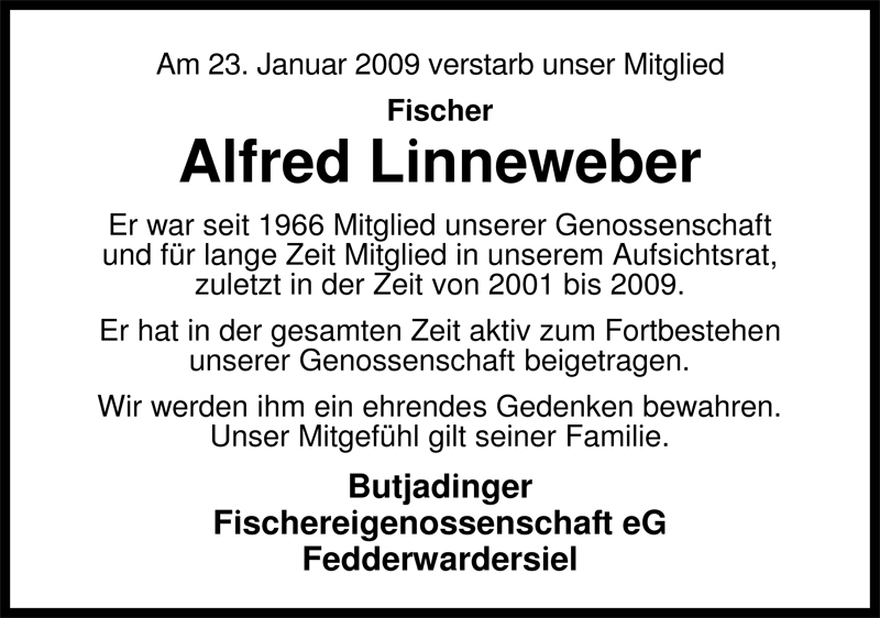  Traueranzeige für Alfred Linneweber vom 26.01.2009 aus Nordwest-Zeitung