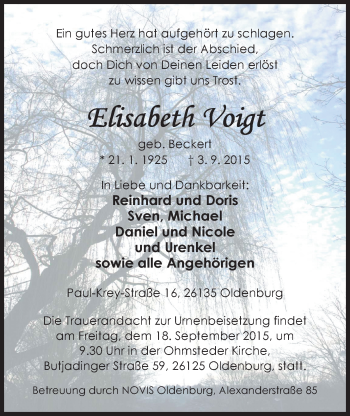 Traueranzeige von Elisabeth Voigt von Nordwest-Zeitung