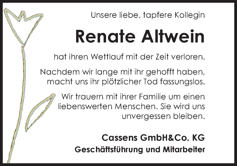  Traueranzeige für Renate Altwein vom 05.09.2015 aus Nordwest-Zeitung