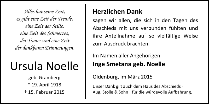  Traueranzeige für Ursula Noelle vom 28.03.2015 aus Nordwest-Zeitung