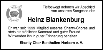 Traueranzeige von Heinz Blankenburg von Nordwest-Zeitung