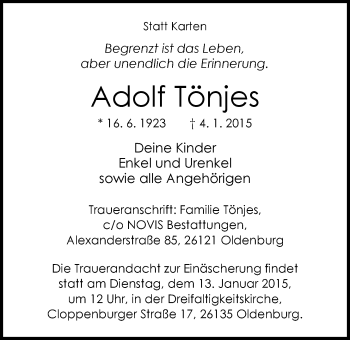 Traueranzeige von Adolf Tönjes von Nordwest-Zeitung