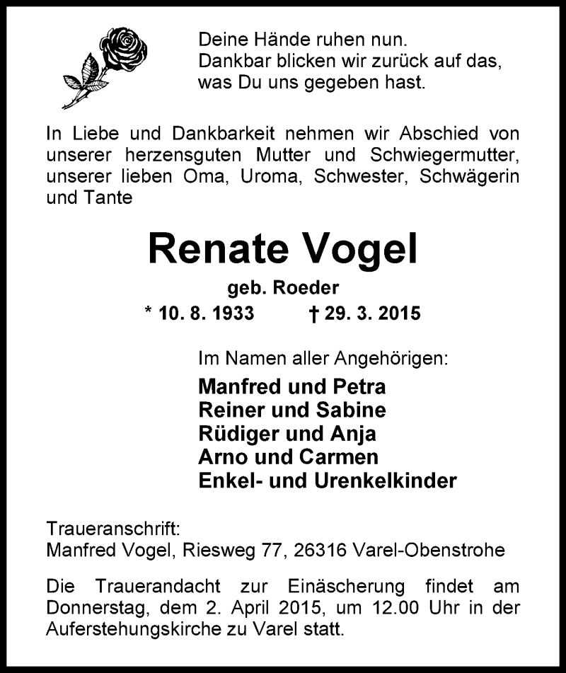  Traueranzeige für Renate Vogel vom 31.03.2015 aus Nordwest-Zeitung