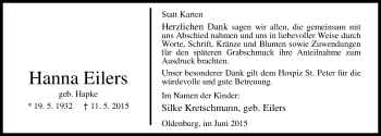 Traueranzeige von Hanna Eilers von Nordwest-Zeitung