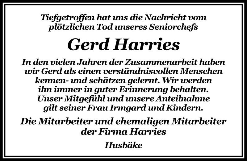  Traueranzeige für Gerhard (Gerd) Harries vom 29.07.2009 aus Nordwest-Zeitung