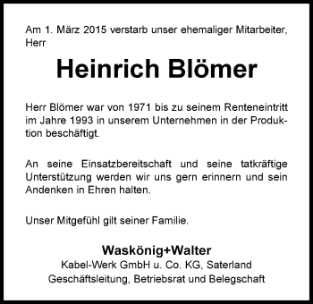Traueranzeige von Heinrich Blömer von Nordwest-Zeitung