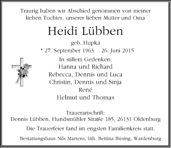 Traueranzeige von Heidi Lübben von Nordwest-Zeitung