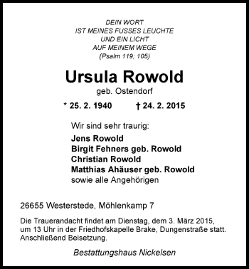 Traueranzeige von Ursula Rowold von Nordwest-Zeitung