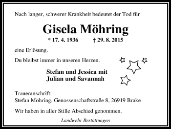 Traueranzeige von Gisela Möhring von Nordwest-Zeitung