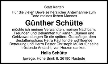 Traueranzeige von Günther Schütte von Nordwest-Zeitung