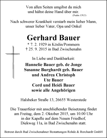 Traueranzeige von Gerhard Bauer von Nordwest-Zeitung