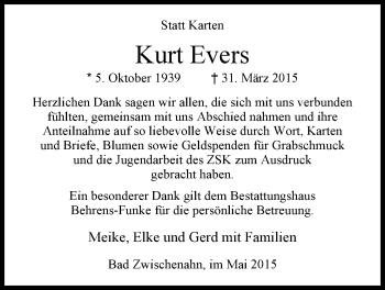 Traueranzeige von Kurt Evers von Nordwest-Zeitung