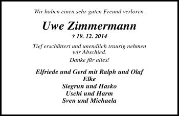 Traueranzeige von Uwe Zimmermann von Nordwest-Zeitung