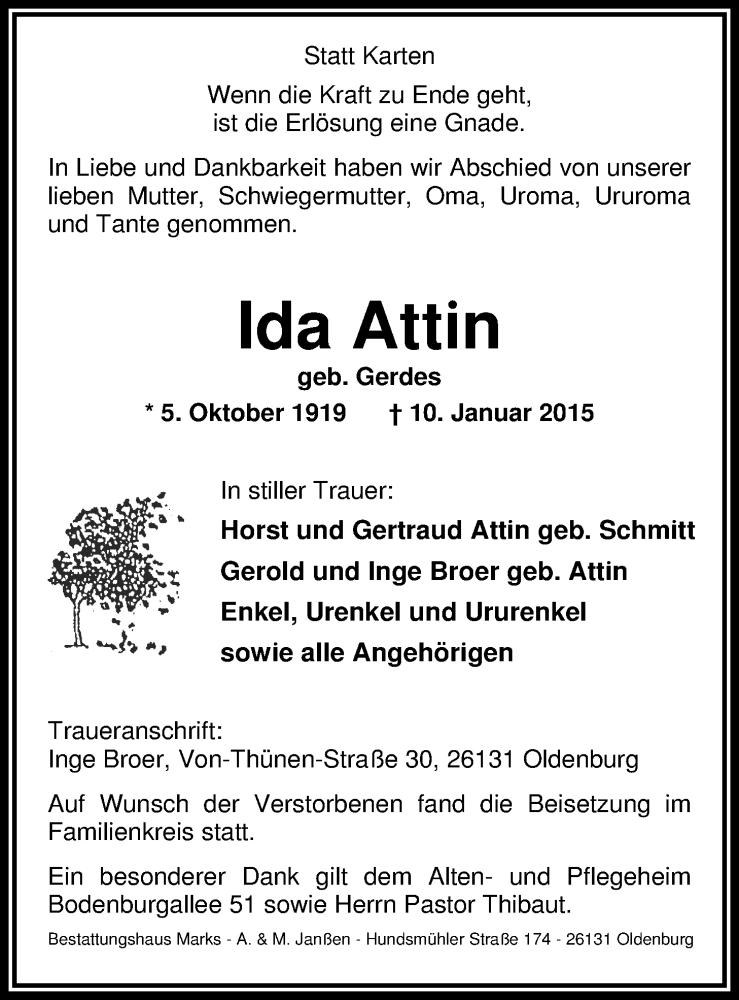  Traueranzeige für Ida Attin vom 29.01.2015 aus Nordwest-Zeitung