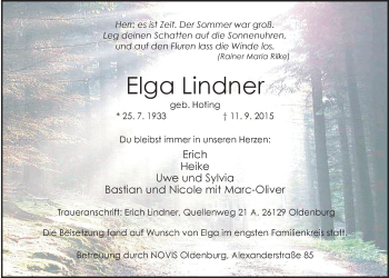 Traueranzeige von Elga Lindner von Nordwest-Zeitung