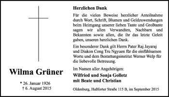 Traueranzeige von Wilma Grüner von Nordwest-Zeitung