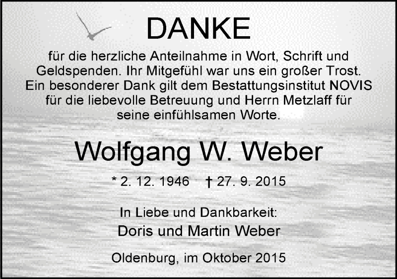 Traueranzeige für Wolfgang W. Weber vom 31.10.2015 aus Nordwest-Zeitung