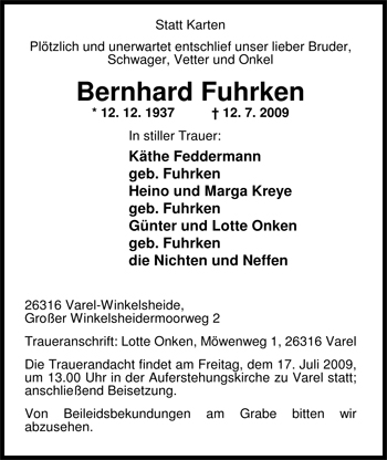 Traueranzeige von Bernhard Fuhrken von Nordwest-Zeitung