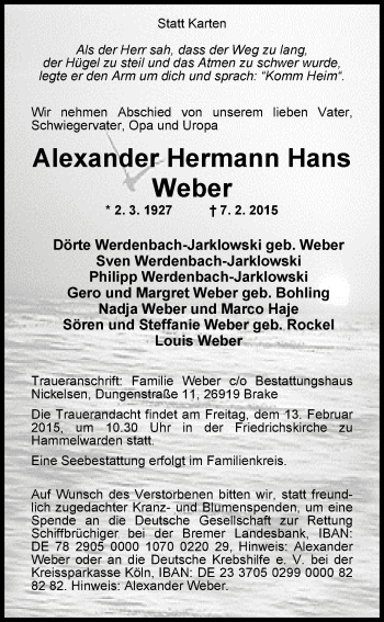Traueranzeige von Alexander Hermann Hans Weber von Nordwest-Zeitung
