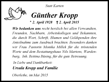 Traueranzeige von Günther Kropp von Nordwest-Zeitung