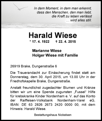 Traueranzeige von Harald Wiese von Nordwest-Zeitung