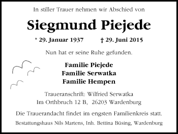 Traueranzeige von Siegmund Piejede von Nordwest-Zeitung