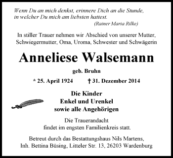 Traueranzeige von Anneliese Walsemann von Nordwest-Zeitung