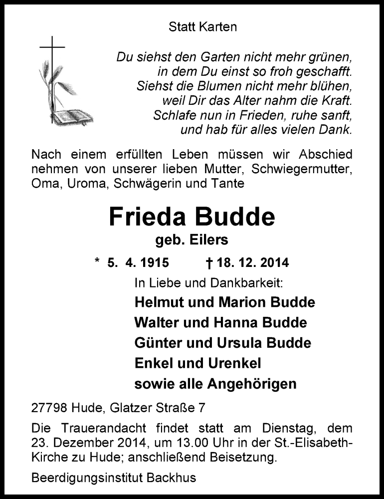  Traueranzeige für Frieda Budde vom 19.12.2014 aus Nordwest-Zeitung