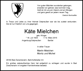 Traueranzeige von Käte Mielchen von Nordwest-Zeitung