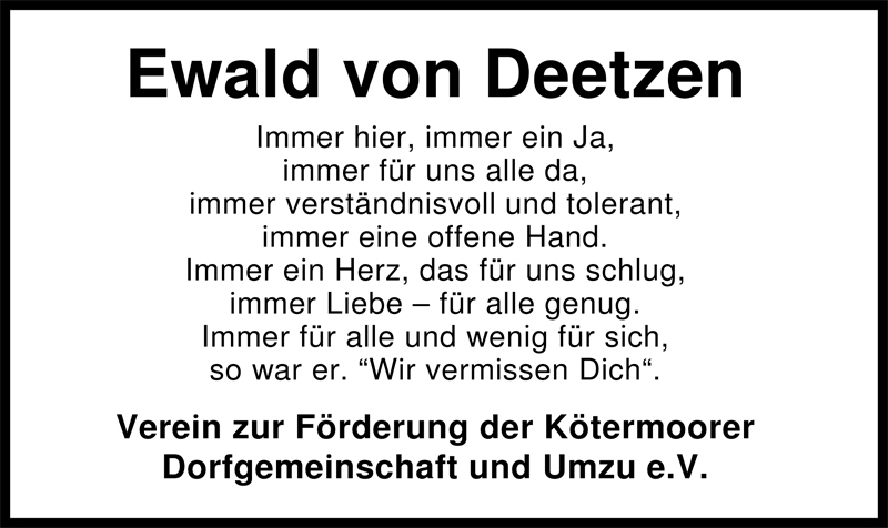  Traueranzeige für Ewald von Deetzen vom 15.07.2009 aus Nordwest-Zeitung