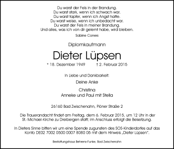 Traueranzeige von Dieter Lüpsen von Nordwest-Zeitung